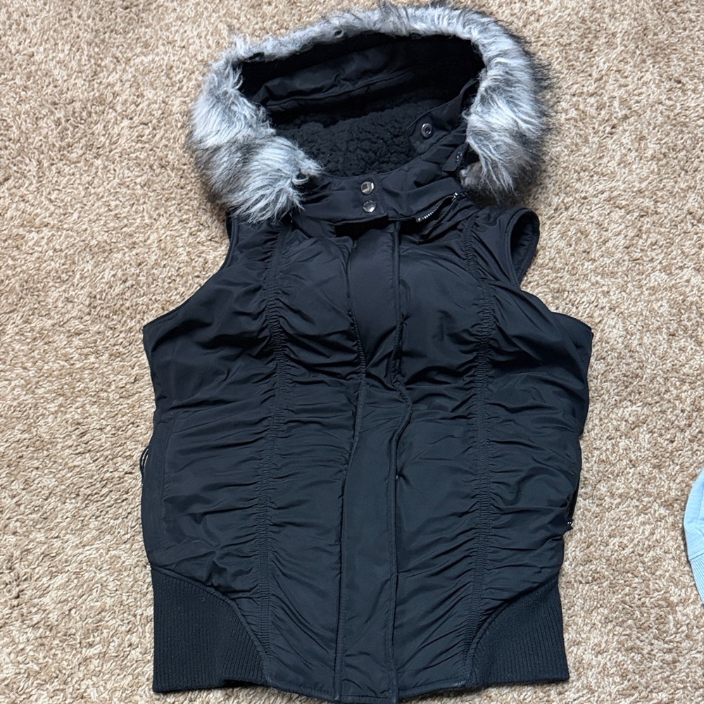 Women's Black Hooded Vest with Faux Fur Trim
